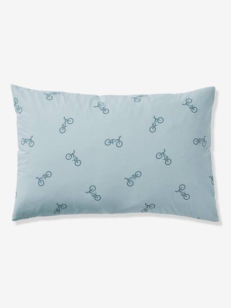 Reversible Duvet Cover + Pillowcase Essentials Set in Recycled Cotton, Checks & Bikes printed blue 