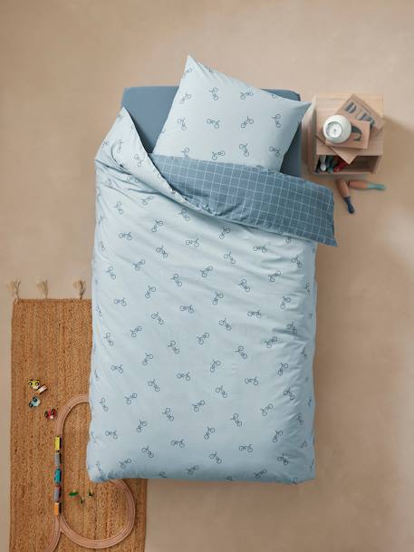 Reversible Duvet Cover + Pillowcase Essentials Set in Recycled Cotton, Checks & Bikes printed blue 