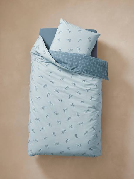 Reversible Duvet Cover + Pillowcase Essentials Set in Recycled Cotton, Checks & Bikes printed blue 