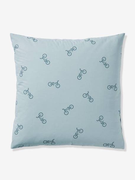 Reversible Duvet Cover + Pillowcase Essentials Set in Recycled Cotton, Checks & Bikes printed blue 