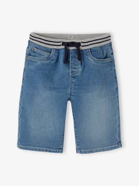 Bermuda Shorts in Denim-Effect Fleece for Boys, Easy to Put On denim grey+double stone+stone 