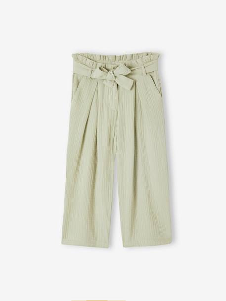 Cropped, Wide Leg Paperbag Trousers in Cotton Gauze for Girls old rose+sage green 