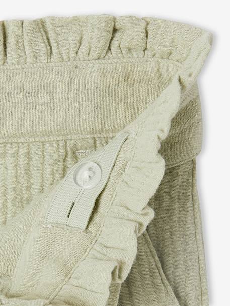 Cropped, Wide Leg Paperbag Trousers in Cotton Gauze for Girls ecru+old rose+sage green 