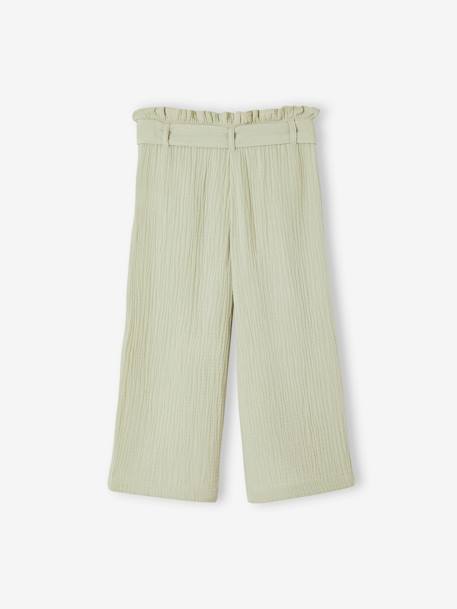 Cropped, Wide Leg Paperbag Trousers in Cotton Gauze for Girls old rose+sage green 