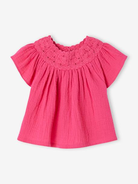 Cotton Gauze Blouse with Crochet Neckline for Babies fuchsia 