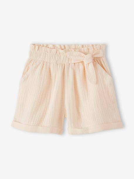 Paperbag Shorts in Cotton Gauze for Girls almond green+coral+pale blue+vanilla 