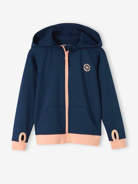 Sports Combo, Zipped Jacket & Leggings in Techno Fabric, for Girls navy blue+peach 