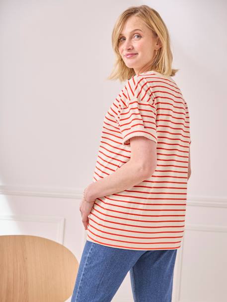 Striped T-Shirt with Message, in Organic Cotton, for Maternity ecru+fir green 