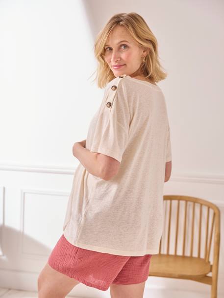 V-Neckline T-Shirt in Linen & Viscose, for Maternity ecru+rose 