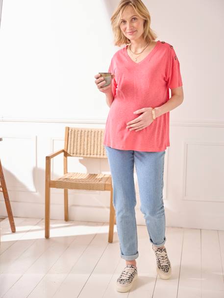 V-Neckline T-Shirt in Linen & Viscose, for Maternity ecru+rose 