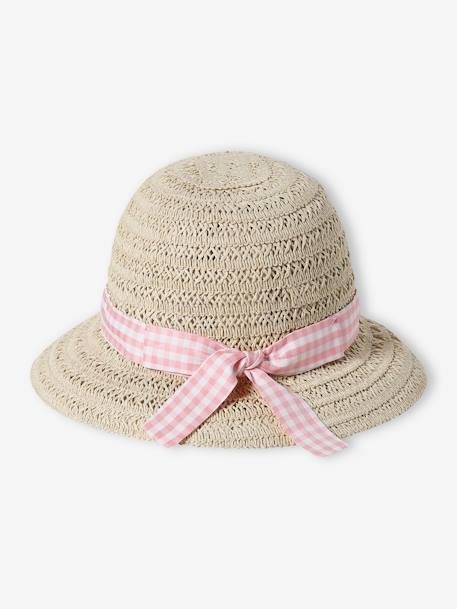 Hat in Paper Straw & Gingham Ribbon for Baby Girls ecru 