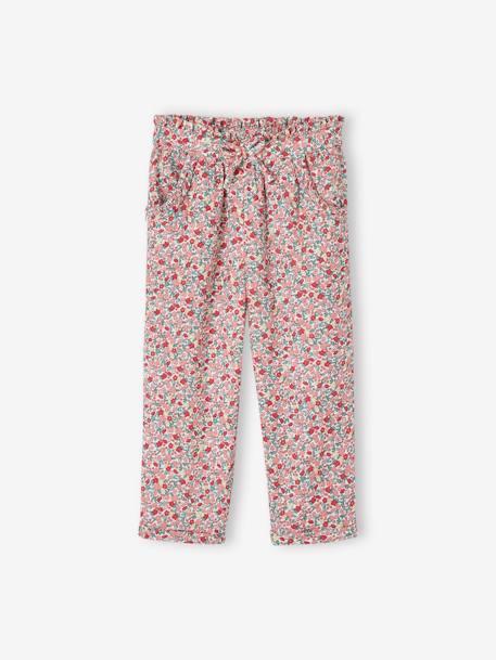 Cropped Cotton Gauze Trousers with Floral Print, for Girls BLUE MEDIUM ALL OVER PRINTED+blush+printed white 