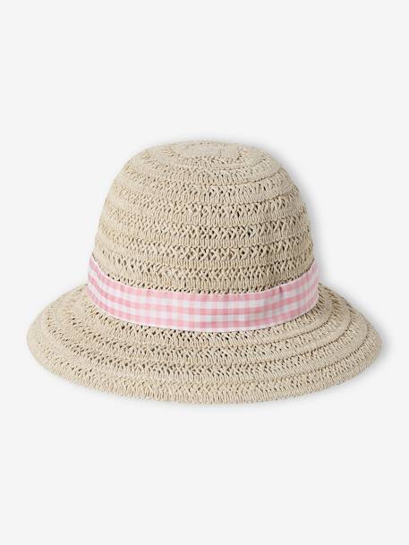 Hat in Paper Straw & Gingham Ribbon for Baby Girls ecru 