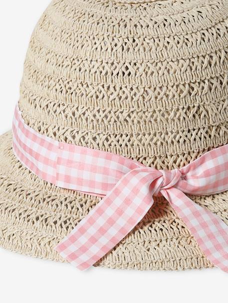 Hat in Paper Straw & Gingham Ribbon for Baby Girls ecru 