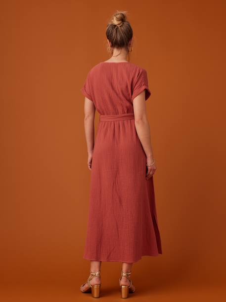 Long Dress for Maternity in Cotton Gauze, by ENVIE DE FRAISE navy blue+terracotta 