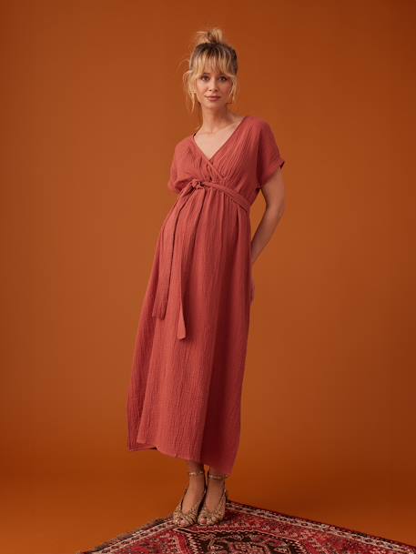 Long Dress for Maternity in Cotton Gauze, by ENVIE DE FRAISE navy blue+terracotta 