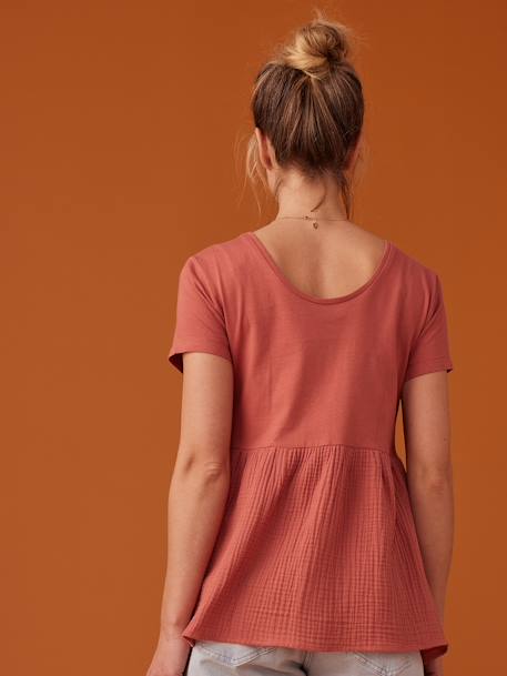 Dual Fabric T-Shirt for Maternity by ENVIE DE FRAISE sandy beige+tomato red 