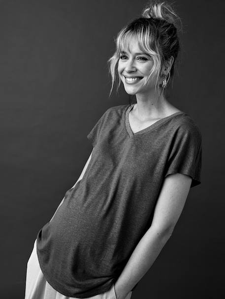 T-Shirt for Maternity, Iridescent V-Neck, by ENVIE DE FRAISE black+olive 