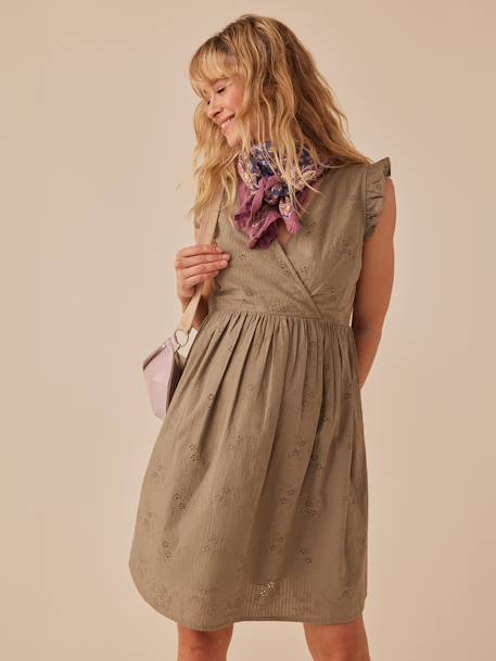 Short Dress with Ruffled Sleeves in Broderie Anglaise for Maternity, by ENVIE DE FRAISE khaki 