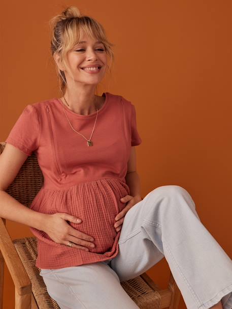 Dual Fabric T-Shirt for Maternity by ENVIE DE FRAISE sandy beige+tomato red 