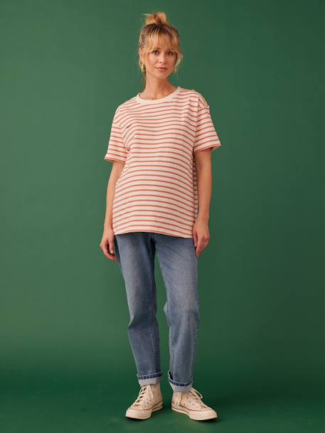 Striped Organic Cotton T-Shirt for Maternity, 'parfaite' Embroidery, by ENVIE DE FRAISE peach 