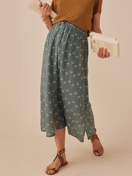 Long Skirt in Cotton Gauze for Maternity, ENVIE DE FRAISE green+sandy beige 