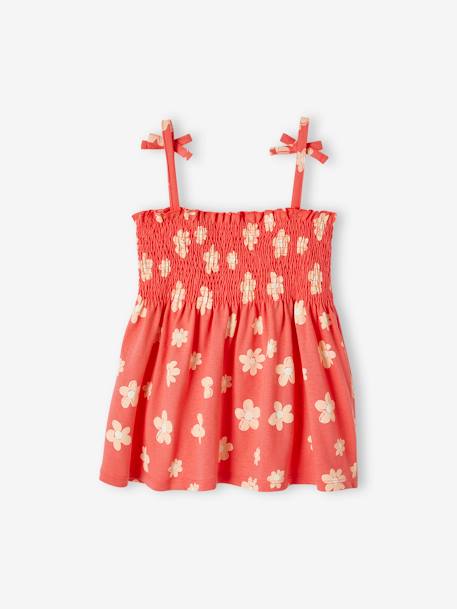 Smocked Floral Print Top, for Girls green+pale pink+red 