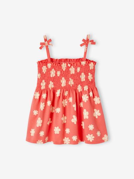 Smocked Floral Print Top, for Girls green+pale pink+red 