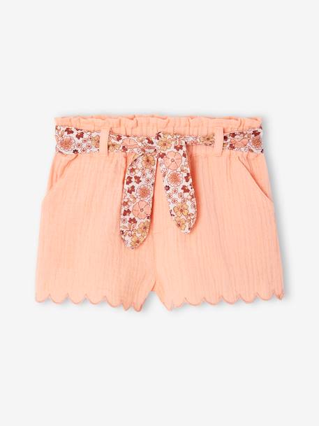 Cotton Gauze Shorts with Floral Belt for Babies apricot+ecru+navy blue 