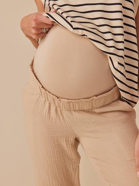 Paperbag-Style Trousers in Cotton Gauze for Maternity, by ENVIE DE FRAISE old rose+sandy beige 