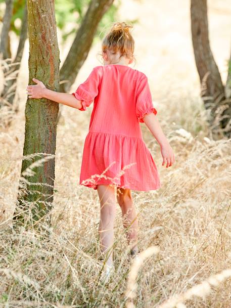 Buttoned Dress in Cotton Gauze ecru+grey blue+red 