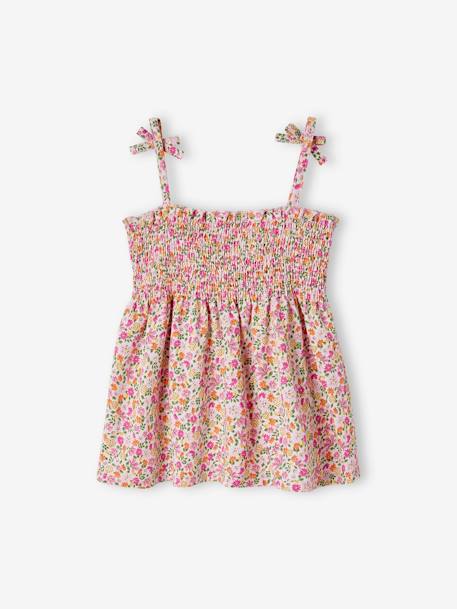 Smocked Floral Print Top, for Girls green+pale pink+red 