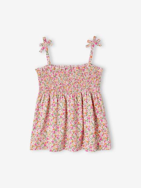 Smocked Floral Print Top, for Girls green+pale pink+red 