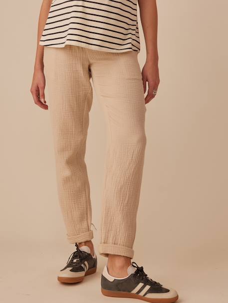 Paperbag-Style Trousers in Cotton Gauze for Maternity, by ENVIE DE FRAISE old rose+sandy beige 