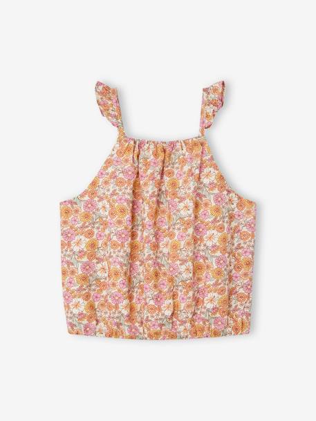 Cropped Blouse with Floral Print, Ruffles on the Straps, for Girls rosy apricot 