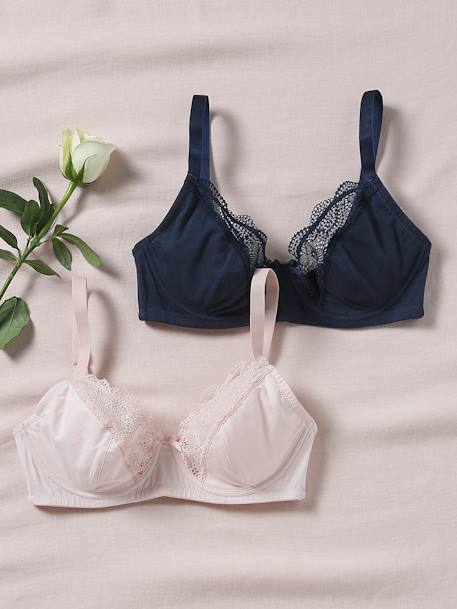 Pack of 2 Bras in Organic Cotton & Lace, for Maternity pale pink+white 