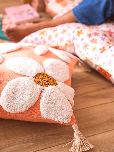 Flower Square Cushion with Pompoms tangerine 