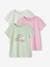 Pack of 3 Assorted T-shirts, Iridescent Details for Girls BLUE DARK SOLID WITH DESIGN+pastel yellow+raspberry pink+sage green 