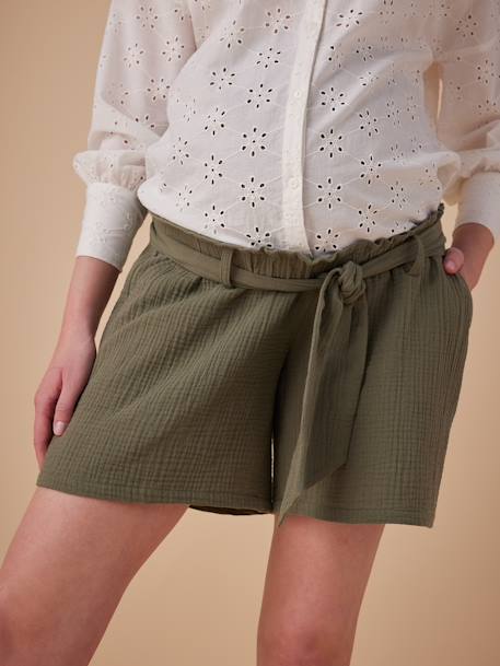 Paperbag-Effect Cotton Gauze Shorts for Maternity, ENVIE DE FRAISE olive 