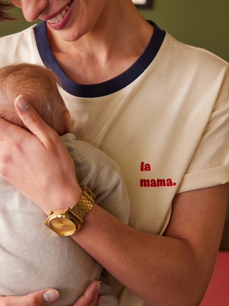 Organic Cotton T-Shirt with 'la Mama' Embroidery for Maternity, by ENVIE DE FRAISE ecru 