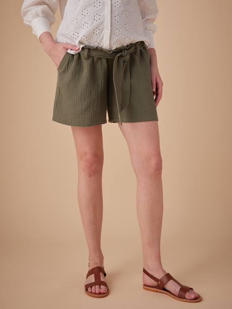 Paperbag-Effect Cotton Gauze Shorts for Maternity, ENVIE DE FRAISE olive 