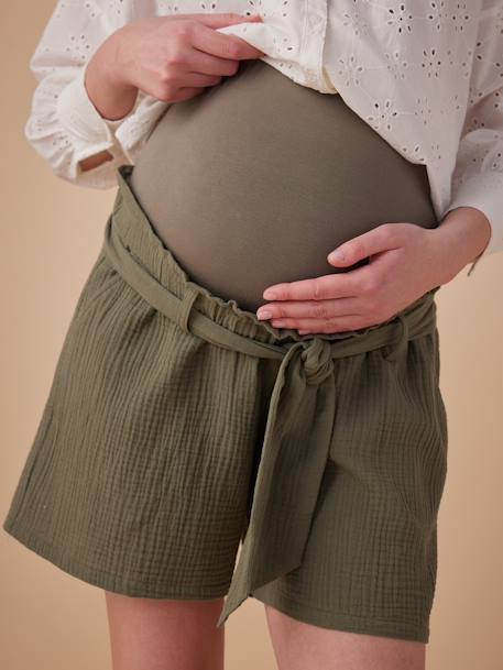 Paperbag-Effect Cotton Gauze Shorts for Maternity, ENVIE DE FRAISE olive 