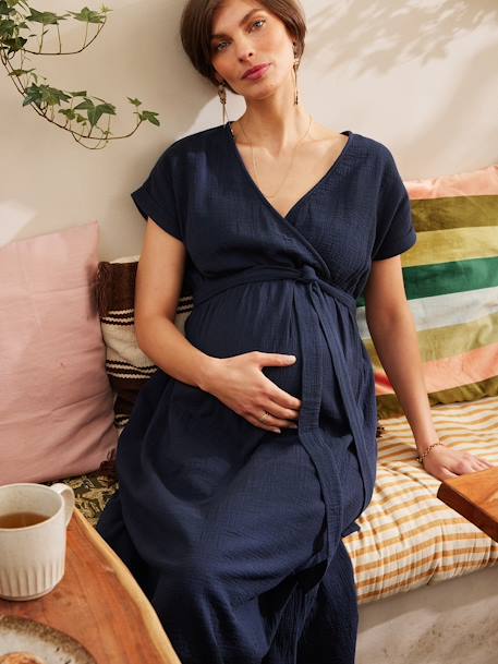 Long Dress for Maternity in Cotton Gauze, by ENVIE DE FRAISE navy blue+terracotta 