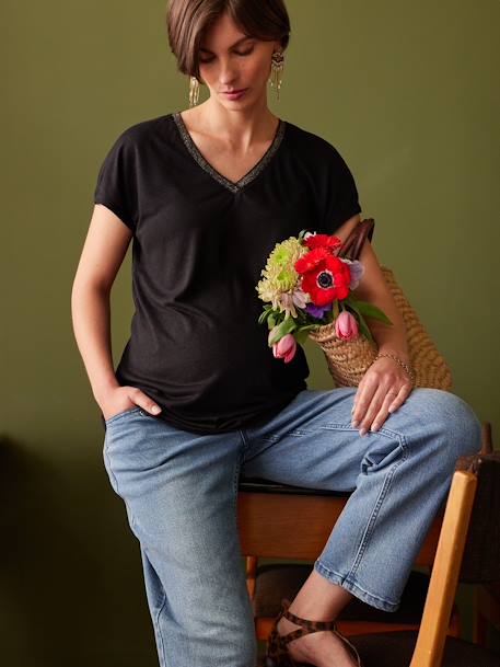 T-Shirt for Maternity, Iridescent V-Neck, by ENVIE DE FRAISE black+olive 