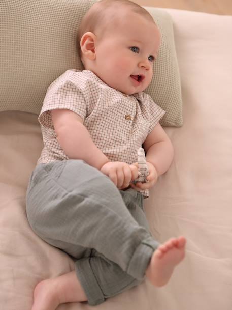 T-Shirt + Cotton Gauze Trouser Ensemble for Newborn Babies grey green 