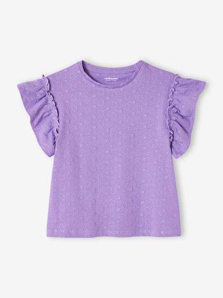 T-Shirt with Embroidered Flowers & Ruffled Sleeves for Girls violet 