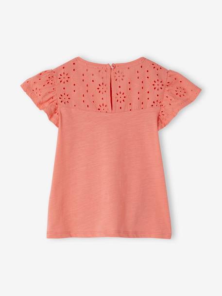 T-Shirt for Girls, with Broderie Anglaise and Ruffled Sleeves BLUE MEDIUM SOLID+coral+fuchsia+Light Green+mauve+White 