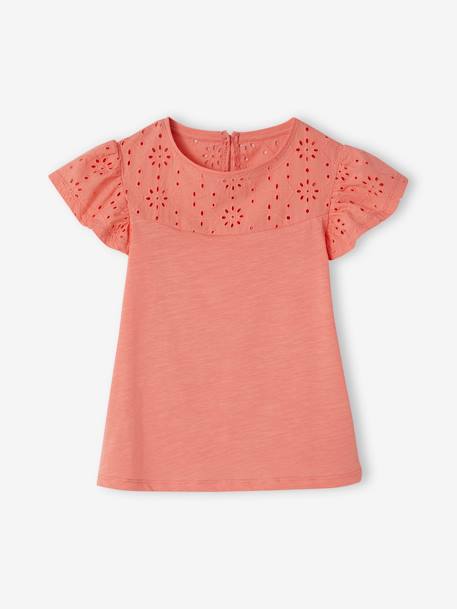 T-Shirt for Girls, with Broderie Anglaise and Ruffled Sleeves BLUE MEDIUM SOLID+coral+fuchsia+Light Green+mauve+White 