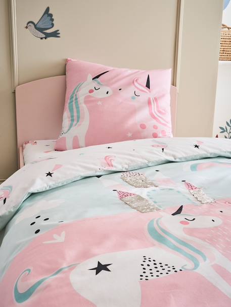 Girls' Duvet Cover + Pillowcase, Magic Unicorns Theme Light Blue 