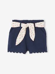 -Cotton Gauze Shorts with Floral Belt for Babies